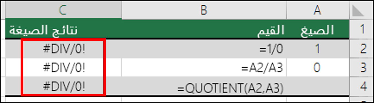يظهر هذا الخطأ عند قسمة رقم على صفر (0).

عند إدخال صيغة بسيطة مثل =5/0، أو عندما تشير الصيغة إلى خلية بها 0 أو فارغة
