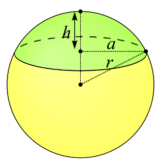 (π/3) x (H^2) x (3R−H)

H = height

S = sphere radius

A = base radius

R = sphere radius
