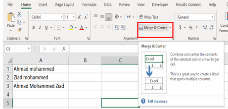 أمر تنسيقي يعمل على دمج الخلايا المتجاورة لتصبح خلية واحدة ثم توسيط النص في منتسف الخلية المدمجة الناتجة
