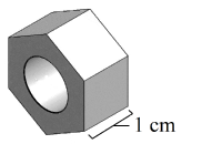 The figure above shows a metal hex nut with two regular hexagonal faces and a thickness of 1 cm. The length of each side of a hexagonal face is 2 cm. A hole with a diameter of 2 cm is drilled through the nut. The density of the metal is 7.9 grams per cubic cm. What is the mass of this nut, to the nearest gram? (Density is mass divided by volume.)