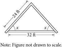 An architect drew the sketch below while designing a house roof. The dimensions shown are for the interior of the triangle. What is the value of cos x?